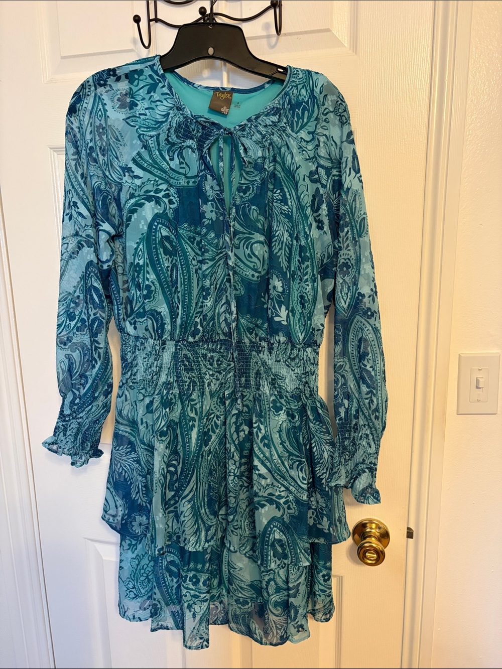Taylor Teal and Blue Paisley Tie-Neck Dress